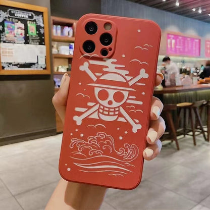 One Piece Anime Phone Case for iPhone, Straw Hat Pirates & Heart Pirates Jolly Roger Print Shockproof Soft TPU Protective Cover, Japanese Wave Sakura Pattern Skull Logo Phone Shell One Piece Merch for iPhone Series
