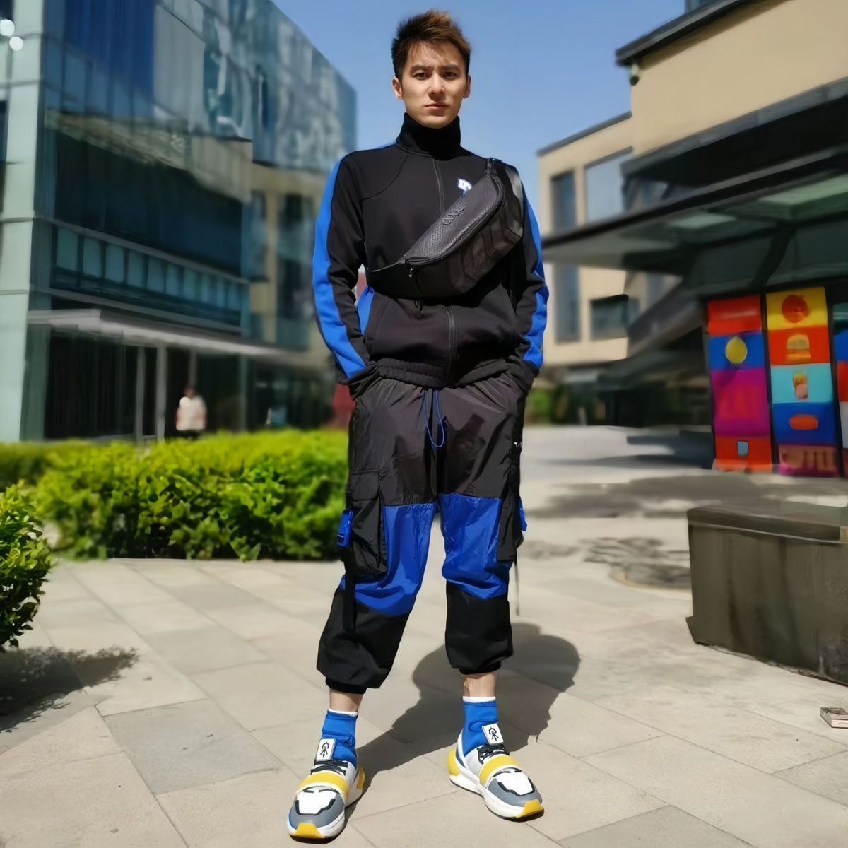 Anime Cosplay High Top Sneakers, Futuristic Techwear Sock Boots, Blue Yellow Color Block Streetwear Shoes, Adjustable Buckle Strap Platform Costume Footwear for Men Women