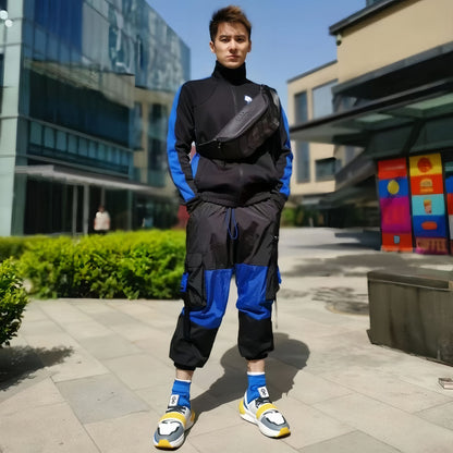Anime Cosplay High Top Sneakers, Futuristic Techwear Sock Boots, Blue Yellow Color Block Streetwear Shoes, Adjustable Buckle Strap Platform Costume Footwear for Men Women