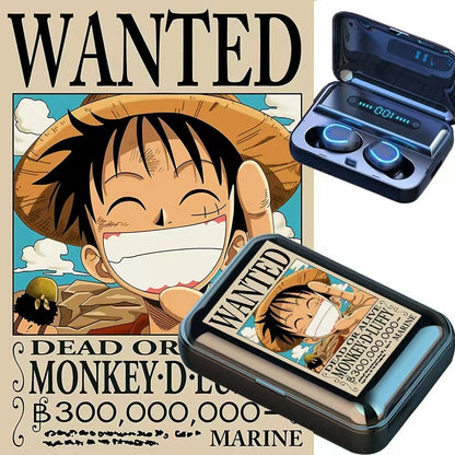 One Piece Wanted Poster Wireless Earbuds, Anime Luffy Zoro Nami Chopper Sanji TWS Bluetooth Earphones, Touch Control Stereo Headphones with Wanted Bounty Poster Charging Case for Anime Fans