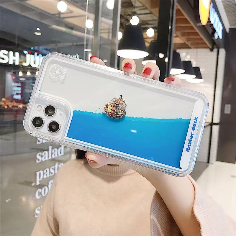 One Piece Anime Liquid Floating Phone Case for iPhone, Thousand Sunny Moving 3D Pirate Ship Clear Quicksand Case, Luffy Crew Characters Transparent Shockproof Protective Cover, Anime Fan Cute Phone Shell Gift