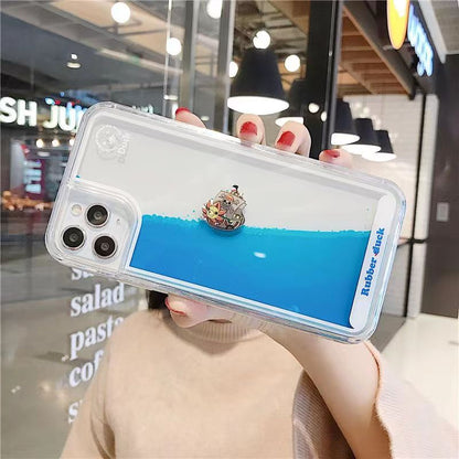 One Piece Anime Liquid Floating Phone Case for iPhone, Thousand Sunny Moving 3D Pirate Ship Clear Quicksand Case, Luffy Crew Characters Transparent Shockproof Protective Cover, Anime Fan Cute Phone Shell Gift