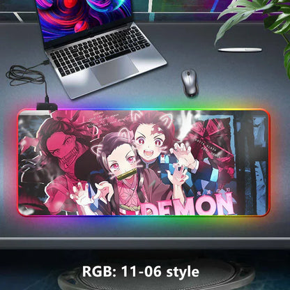 Demon Slayer RGB Gaming Mouse Pad, Large Extended Anime Desk Mat, LED Glowing Non-Slip Rubber Keyboard Pad, Multiple Nezuko Tanjiro Designs, Waterproof Desk Pad for PC Gamers
