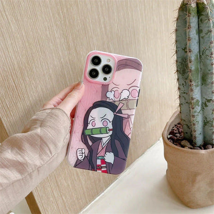 Demon Slayer Cute Chibi Tanjiro Nezuko Phone Case, Kawaii Cartoon Anime Protective Cover, Soft Shockproof Silicone Phone Shell for iPhone, Demon Slayer Manga Fan Merch Gift