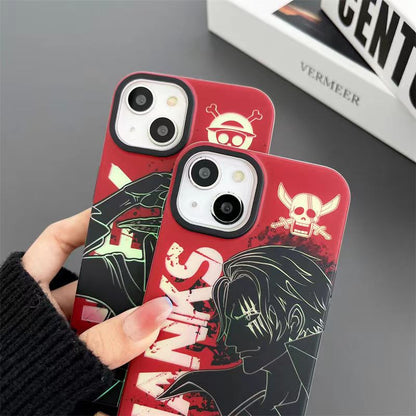 One Piece Anime Phone Case for iPhone, Luffy & Shanks Red Background Line Art Print Shockproof Hard Protective Cover, One Piece Skull Logo Character Phone Shell Anime Merch for iPhone Series