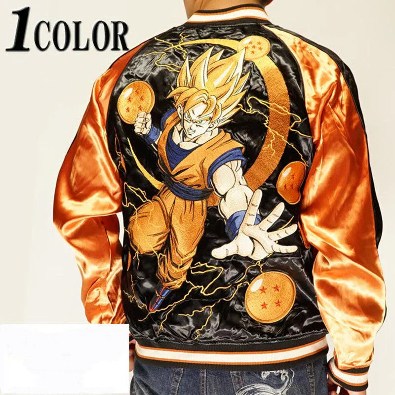 Dragon Ball Z Sukajan Souvenir Jacket, Goku Vegeta Frieza Embroidered Varsity Baseball Bomber Jacket, Japanese Anime Reversible Satin Streetwear Coat for Men, DBZ Anime Fan Collectible Outerwear
