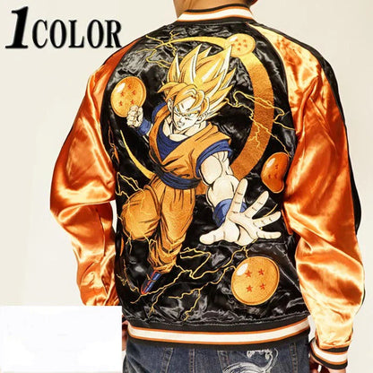 Dragon Ball Z Sukajan Souvenir Jacket, Goku Vegeta Frieza Embroidered Varsity Baseball Bomber Jacket, Japanese Anime Reversible Satin Streetwear Coat for Men, DBZ Anime Fan Collectible Outerwear