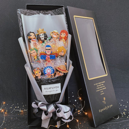 One Piece Figure Bouquet, Anime Luffy Zoro Sanji Chopper Figurine Bouquet with LED Fairy Lights, Artificial Rose Flower Gift Box, Birthday Valentine Anniversary Gift for Anime Fans