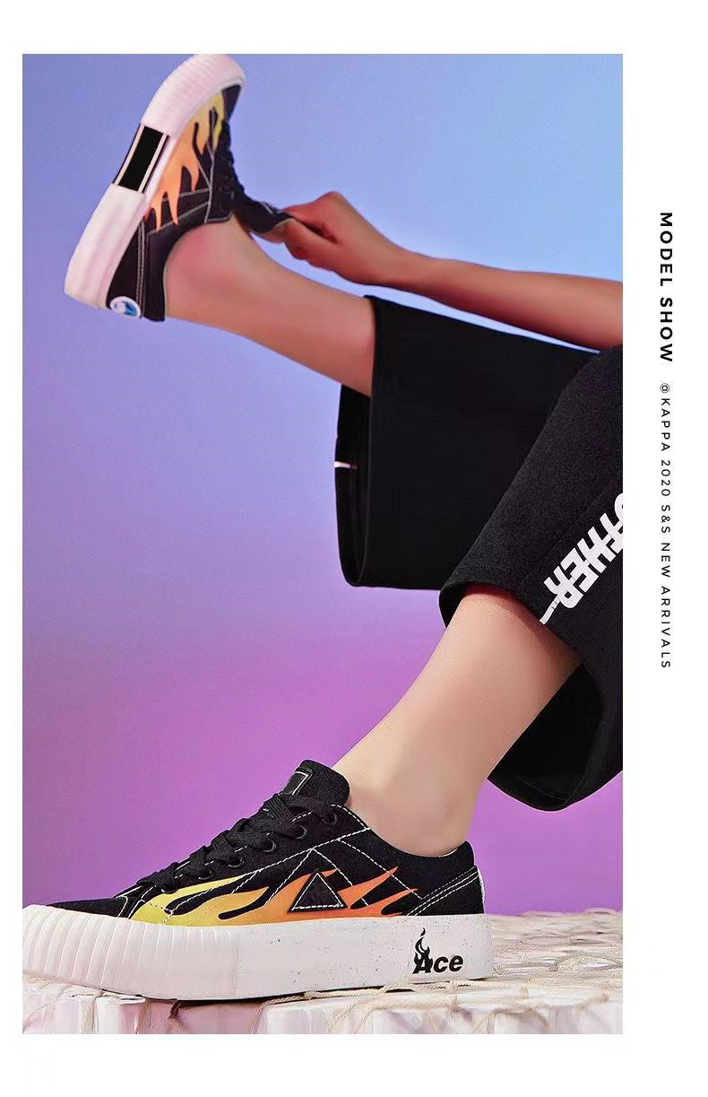 One Piece Ace Low Top Canvas Sneakers for Men Women, Black Orange Flame Graphic Portgas D Ace Anime Skate Shoes, Unisex Lace-Up Thick Ribbed Cookie Sole Streetwear Casual Walking Shoes, Anime Fan Collectible Gift