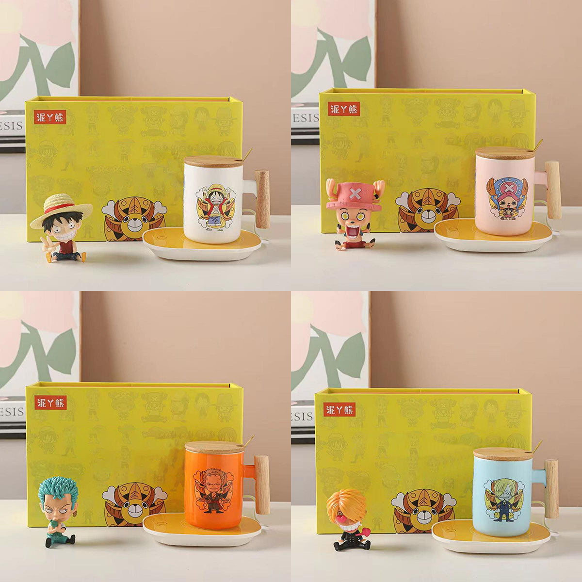 One Piece Anime Ceramic Mug with Wooden Handle, Luffy Chopper Zoro Cartoon Coffee Cup with Bamboo Lid & Spoon, Anime Water Cup Gift Set for One Piece Fans