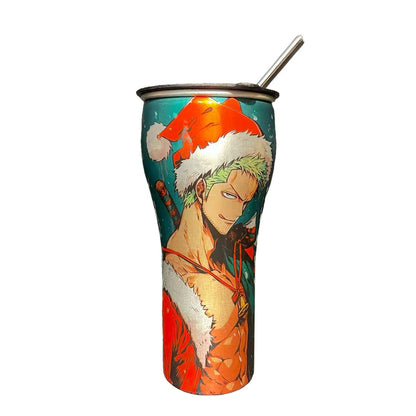 One Piece Anime Tumbler with Straw, Stainless Steel Insulated Travel Cup, Luffy Zoro Nami Wanted Poster Design Coffee Mug, Leak Proof Reusable Water Bottle, One Piece Merch Gift for Anime Fans