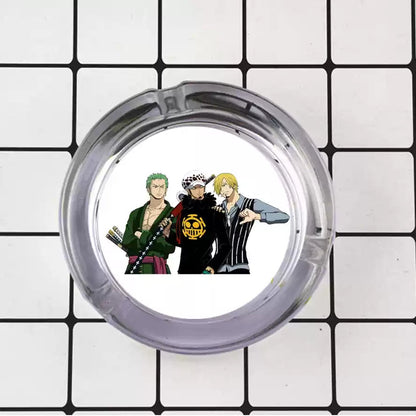 One Piece Anime Glass Ashtray, Luffy Zoro Ace Sanji Round Cigarette Ashtray, Portable Clear Glass Ash Tray with Character Print, Desktop Decor Collectible Gift for One Piece Fans