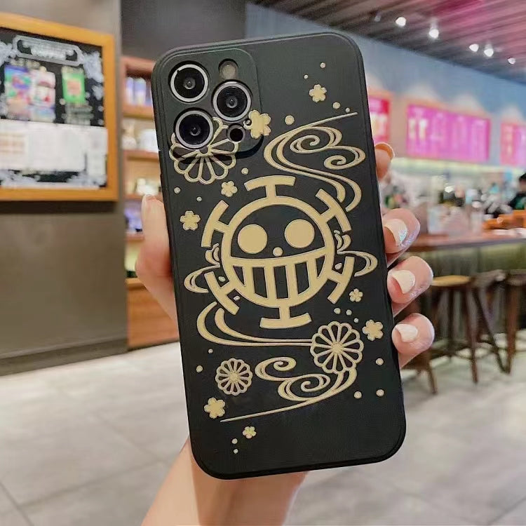 One Piece Anime Phone Case for iPhone, Straw Hat Pirates & Heart Pirates Jolly Roger Print Shockproof Soft TPU Protective Cover, Japanese Wave Sakura Pattern Skull Logo Phone Shell One Piece Merch for iPhone Series