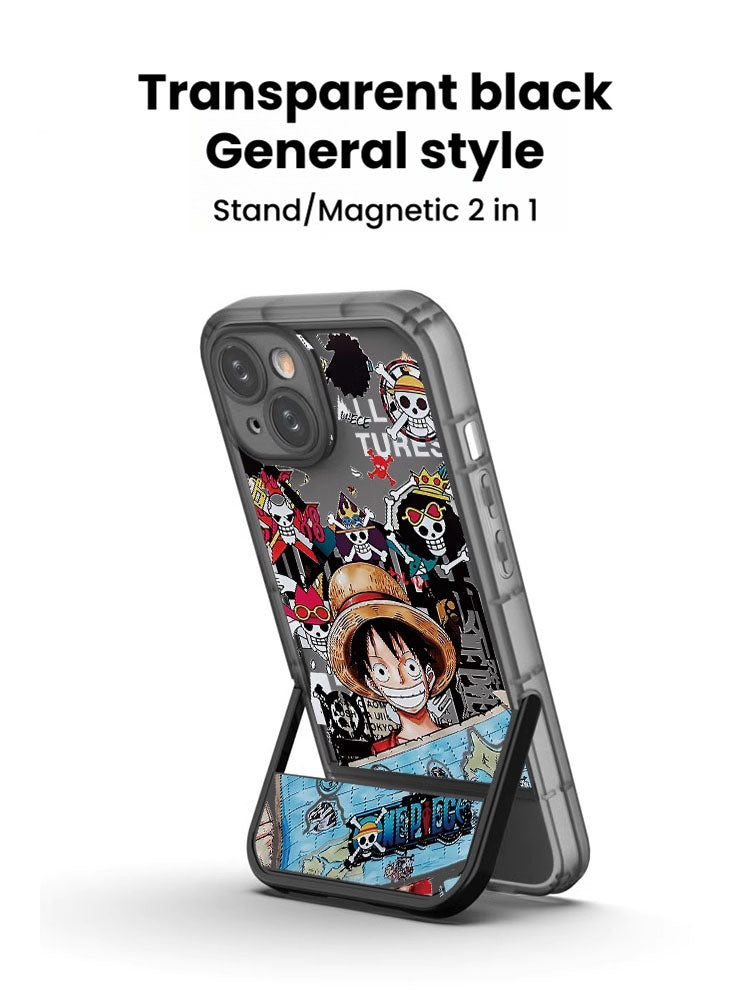 One Piece Luffy Anime Magnetic Phone Case with Built-in Foldable Kickstand, MagSafe Compatible Shockproof Protective Cover, Transparent Cartoon Luffy Print Phone Case, Anime Merch Gift for iPhone