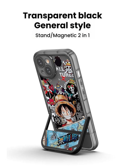 One Piece Luffy Anime Magnetic Phone Case with Built-in Foldable Kickstand, MagSafe Compatible Shockproof Protective Cover, Transparent Cartoon Luffy Print Phone Case, Anime Merch Gift for iPhone