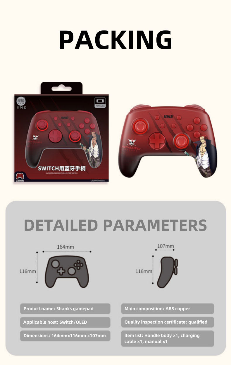 One Piece Shanks Wireless Game Controller, Anime Red-Haired Shanks Bluetooth Gamepad, RGB Light Programmable Gaming Controller, Dual Vibration Joystick for Switch, PC, Steam, One Piece Anime Game Gift for Fans
