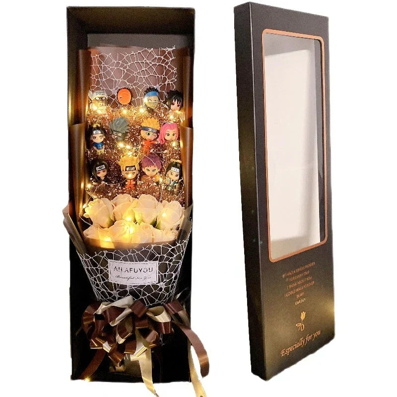 Naruto Anime Figure Bouquet with LED Fairy Lights, Naruto Mini Figurine Artificial Rose Gift Box, Handmade Character Flower Bouquet, Birthday Valentine Graduation Gift for Naruto Fans