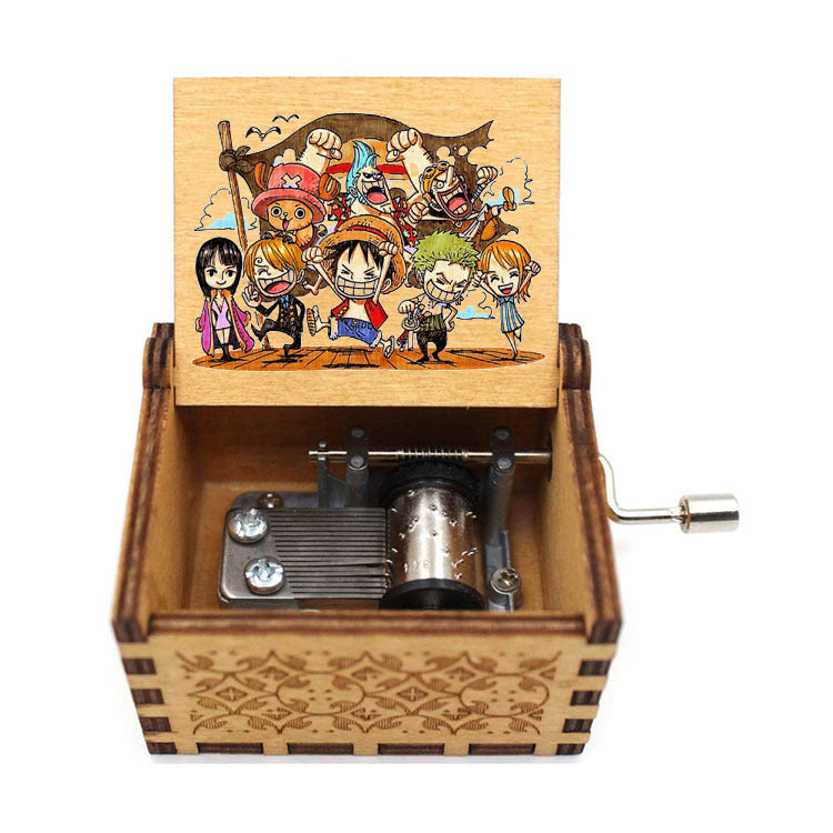 One Piece Anime Hand Crank Wooden Music Box, Straw Hat Pirates Luffy Crew Print Lid Engraved Musical Box, Classic Anime Theme Song, Manual Hand Crank No Battery, Anime Collectible Desk Decor Gift for Fans