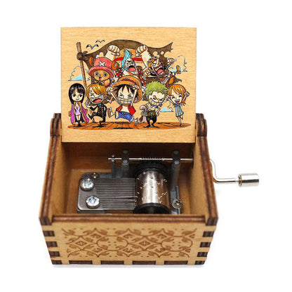 One Piece Anime Hand Crank Wooden Music Box, Straw Hat Pirates Luffy Crew Print Lid Engraved Musical Box, Classic Anime Theme Song, Manual Hand Crank No Battery, Anime Collectible Desk Decor Gift for Fans