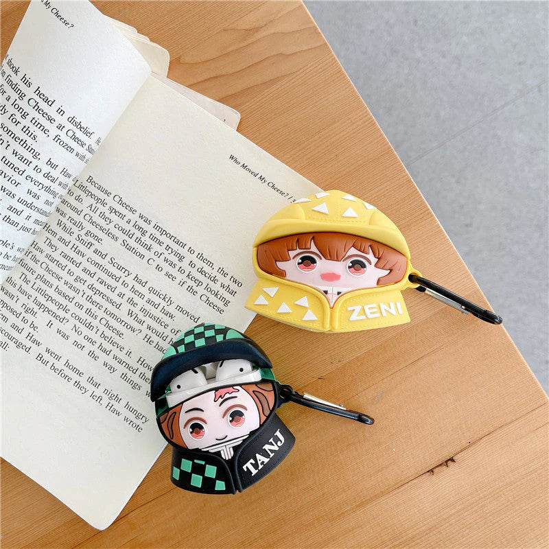 Demon Slayer Anime Airpods Case, Cute 3D Cartoon Silicone Protective Cover for AirPods 1/2, AirPods Pro 1/2, Tanjiro Nezuko Zenitsu Earphone Skin, Shockproof Earbud Case with Keychain, Anime Fan Gift