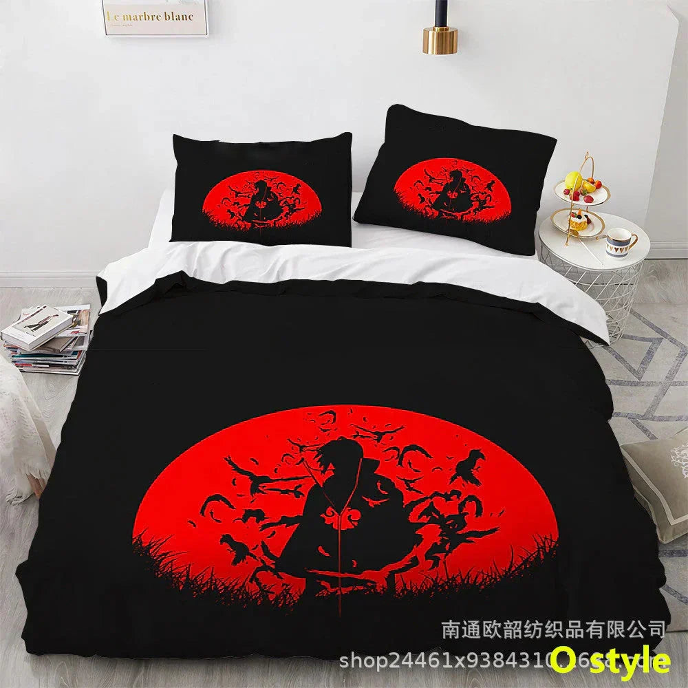 Naruto Anime Bedding Set, 3D Print Duvet Cover with Pillowcases, Akatsuki Red Cloud Comforter Cover Set, Soft Microfiber Bed Sheets, Bedroom Decor Gift for Naruto Fans
