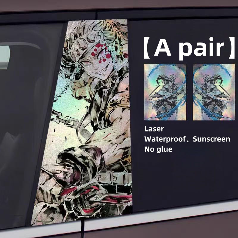 Demon Slayer Anime Car Window Pillar Decals, Laser Holographic Anime Character Car B Column Stickers, Waterproof PET Car Center Pillar Decor Stickers, 1 Pair Anime Car Accessories for Demon Slayer Fans