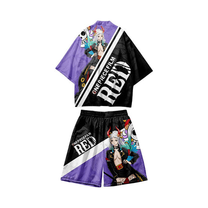 One Piece Film RED Anime Haori and Shorts Set, Japanese Kimono Cardigan with Shorts, 3D Full Print Cosplay Outfit, Loose Casual Anime Costume for Men Women, Anime Merch
