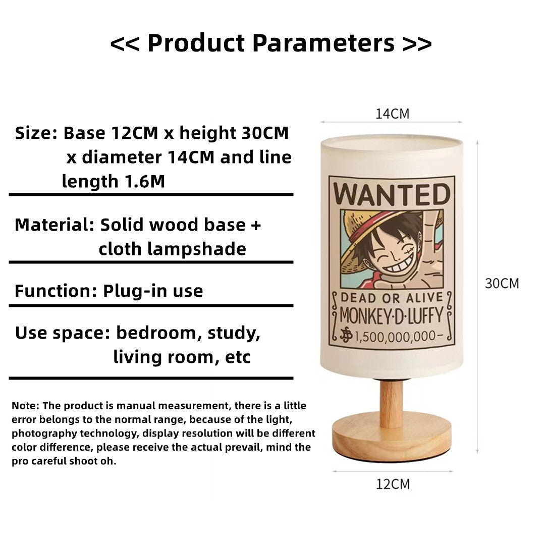 One Piece Wanted Poster Table Lamp, Anime Straw Hat Crew Wanted Print Night Light, Wooden Base Bedside Desk Lamp, Soft Warm Light Decor Lamp, Collectible Gift for One Piece Fans