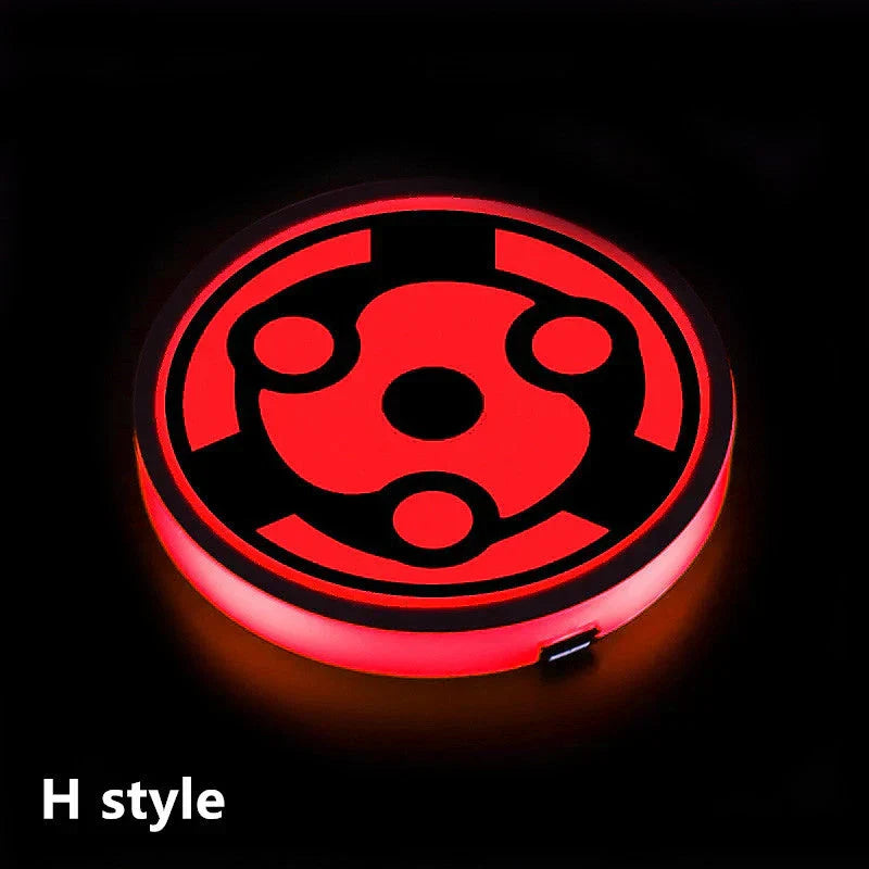Naruto One Piece Car Accessory Gift，Anime Sharingan LED Car Cup Holder Coaster, Intelligent Sensor Light Up Cup Mat, USB Rechargeable, Multi-Color Changing Car Interior Decor.