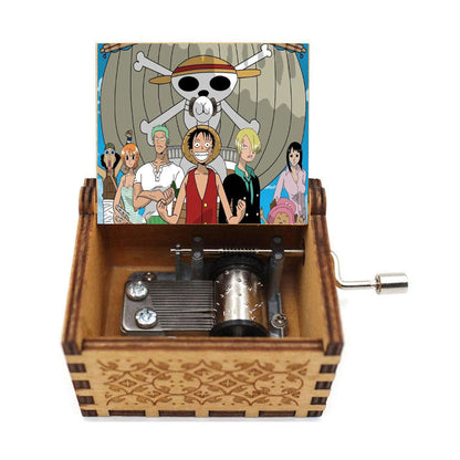 One Piece Anime Hand Crank Wooden Music Box, Straw Hat Pirates Luffy Crew Print Lid Engraved Musical Box, Classic Anime Theme Song, Manual Hand Crank No Battery, Anime Collectible Desk Decor Gift for Fans