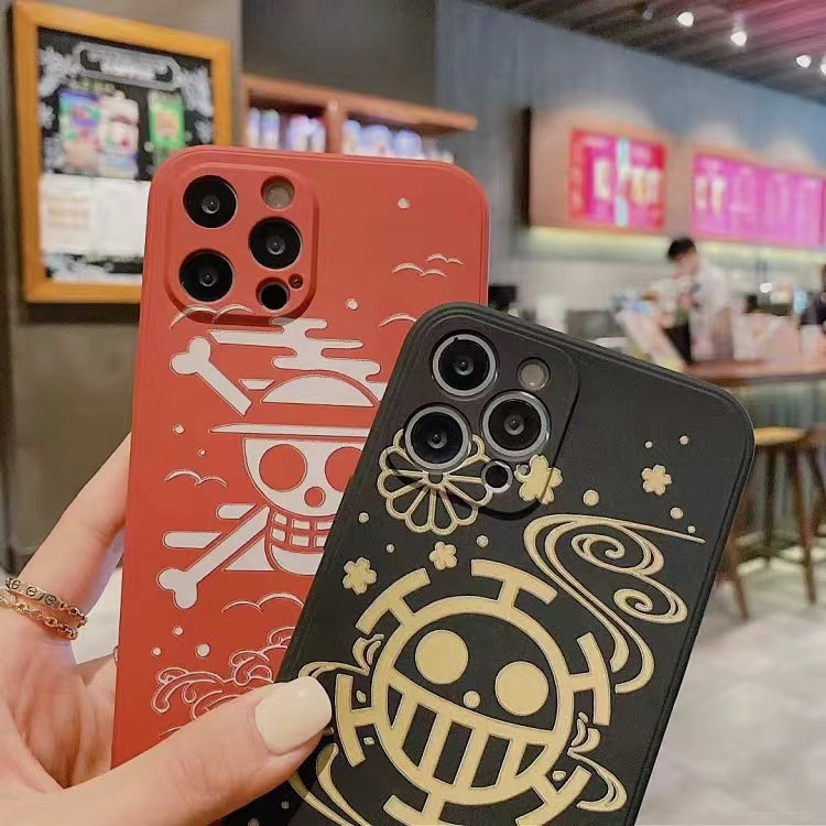 One Piece Anime Phone Case for iPhone, Straw Hat Pirates & Heart Pirates Jolly Roger Print Shockproof Soft TPU Protective Cover, Japanese Wave Sakura Pattern Skull Logo Phone Shell One Piece Merch for iPhone Series