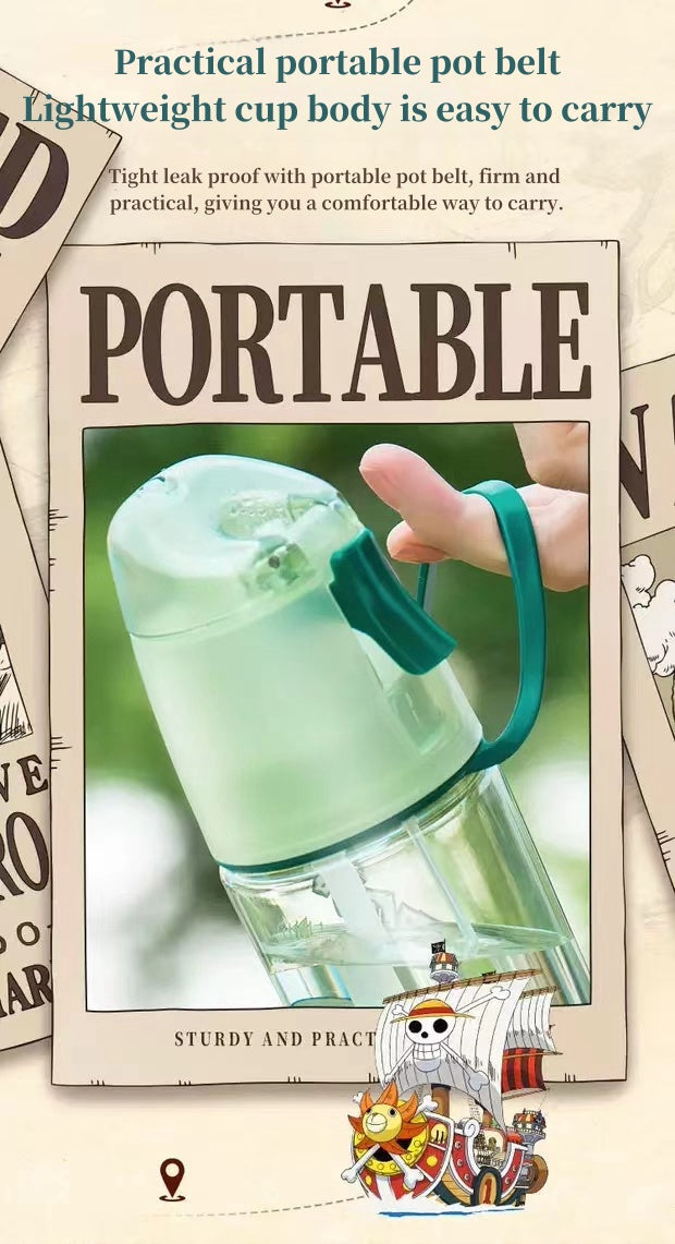 One Piece Anime Water Bottle, Luffy Zoro Chopper Portable Plastic Tumbler with Flip Straw, Leakproof Reusable Travel Water Cup, BPA Free Sports Drink Bottle for School Gym Outdoor, One Piece Fans Gift