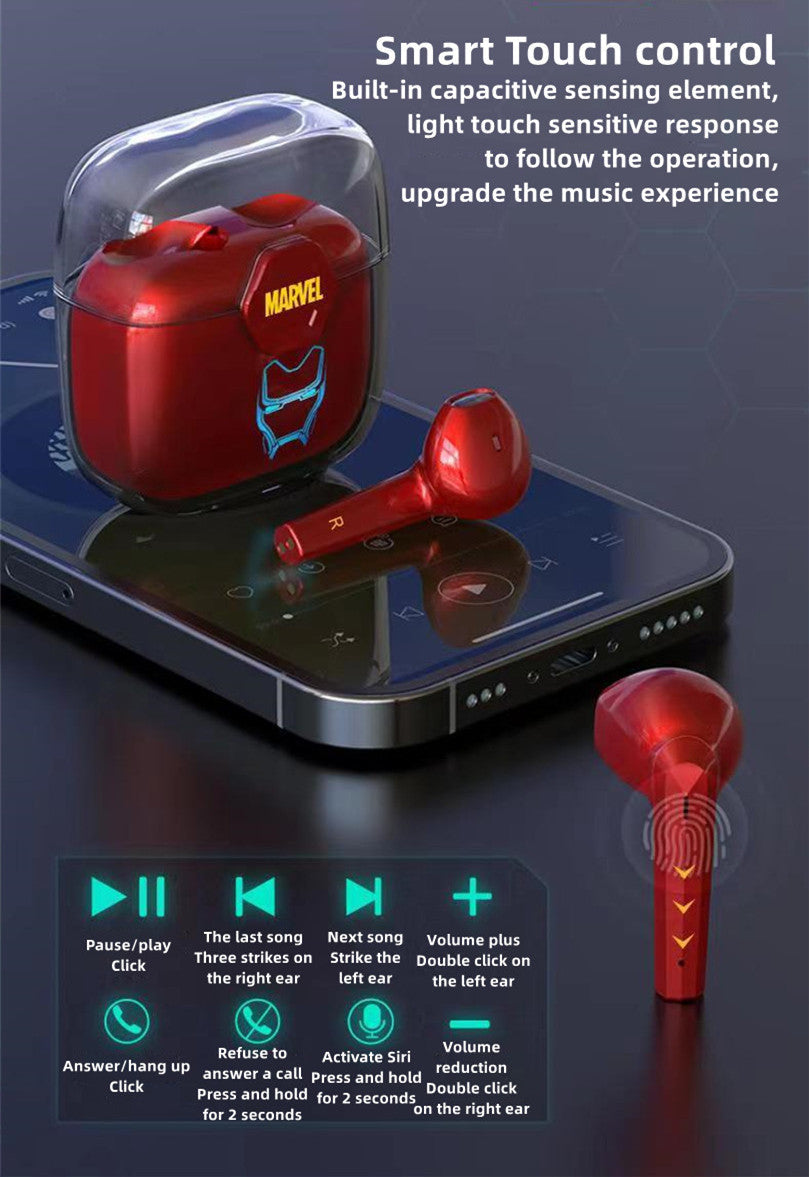 Marvel TWS True Wireless Bluetooth Earbuds, Iron Man Black Panther Semi In-ear Earphones, Transparent Charging Case Marvel Stereo Headphones, Portable Marvel Collectible Earbuds, Gift for Marvel Superhero Fans