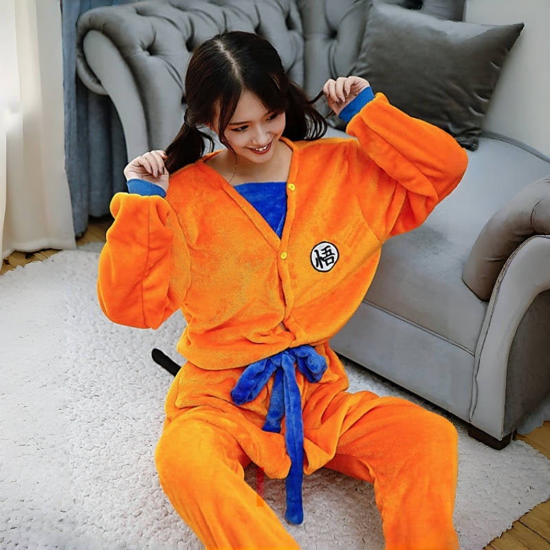 Dragon Ball Goku Bath Robe, Anime Goku "Wu" Symbol Fleece Bathrobe, Soft Fluffy Coral Fleece Nightgown, Cosplay Loungewear Robe for Dragon Ball Fans