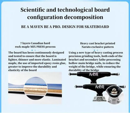 Naruto Anime Complete Skateboard, 7-Layer Maple Wood Deck Anime Character Graphic Standard Trick Skateboard, Fully Assembled Skate Board for Beginners Teens Adults, Anime Fan Gift