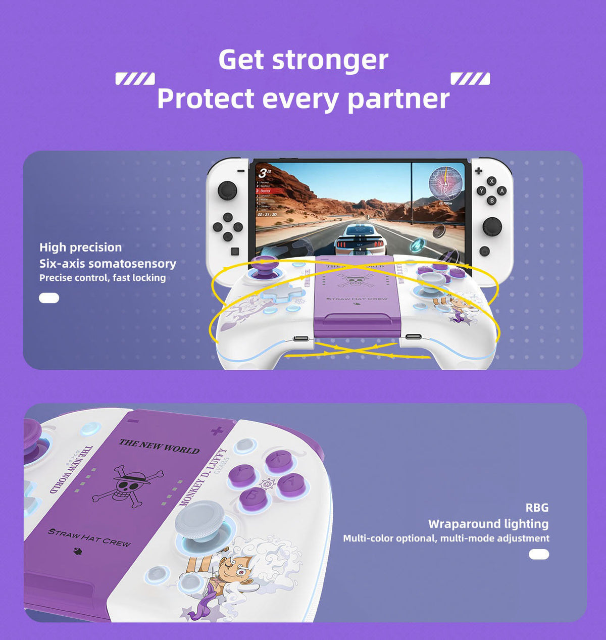 One Piece Luffy Gear 5 Wireless Controller for Nintendo Switch, Straw Hat Crew Anime Bluetooth Gamepad, RGB Light, Dual Vibration & Motion Sensing, Gaming Controller Gift for One Piece Fans