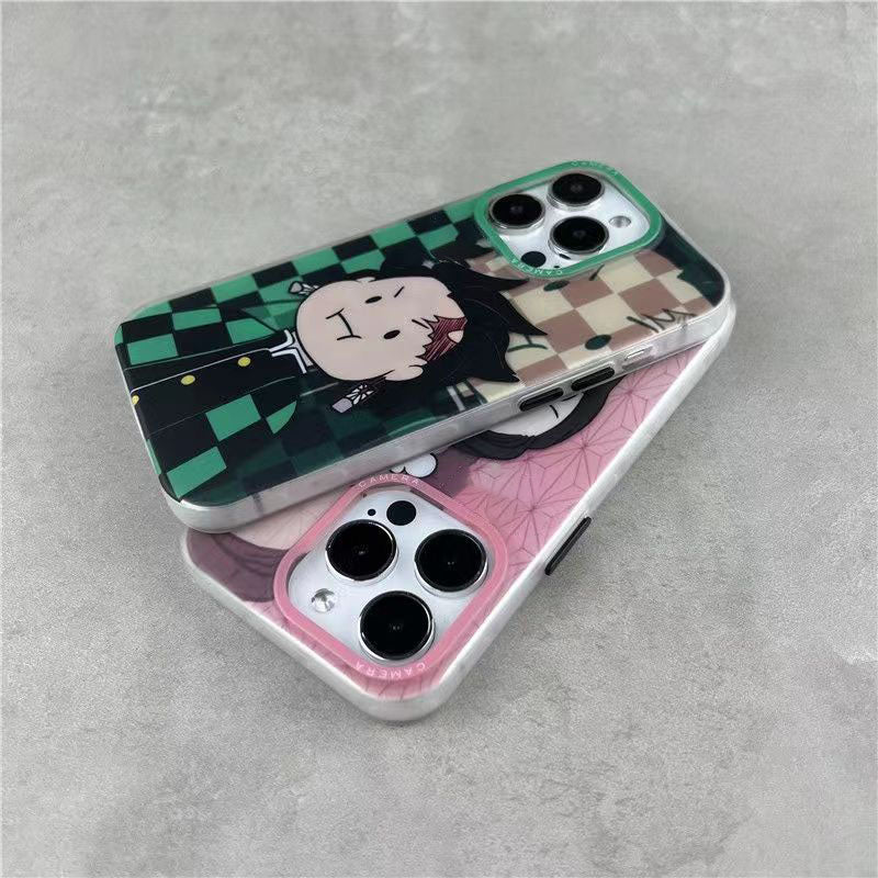 Demon Slayer Cute Chibi Tanjiro Nezuko Phone Case, Kawaii Cartoon Anime Protective Cover, Soft Shockproof Silicone Phone Shell for iPhone, Demon Slayer Manga Fan Merch Gift