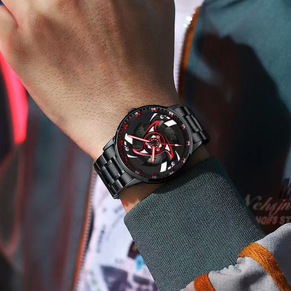 Naruto Sharingan Anime Watch for Men, Uchiha Sasuke Madara Rotating Sharingan Dial Wrist Watch, Stainless Steel Band Quartz Watch, Anime Cosplay Accessory, Collectible Gift for Naruto Fans