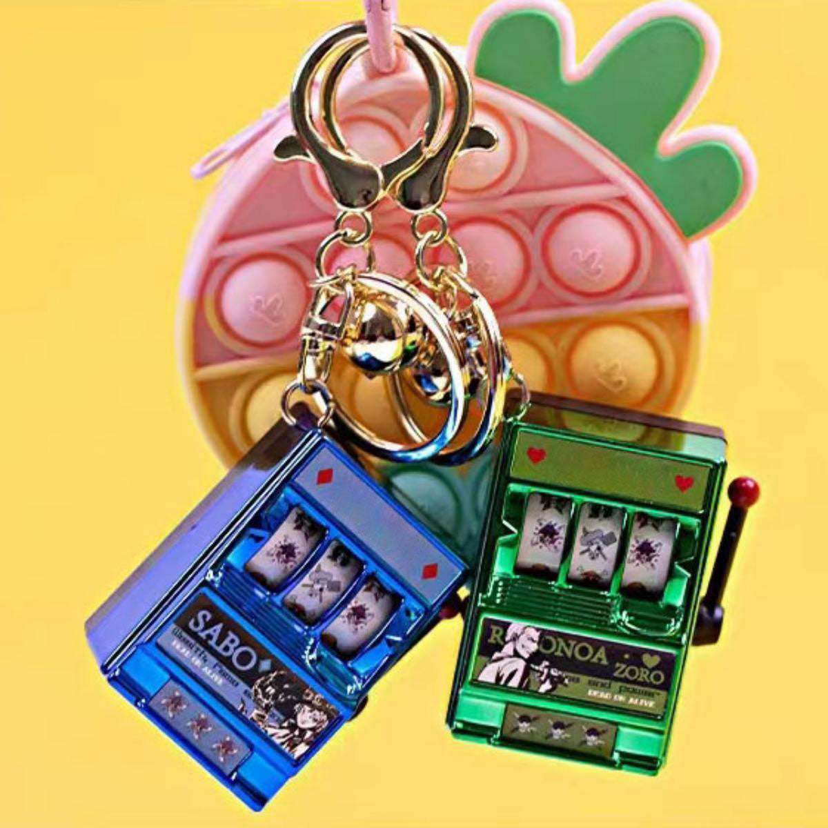 One Piece Mini Slot Machine Keychain, Portable Working Fruit Slot Game Key Ring, Novelty Stress Relief Fidget Toy, Colorful Bag Pendant Charm, Anime Fan Birthday Christmas Gift