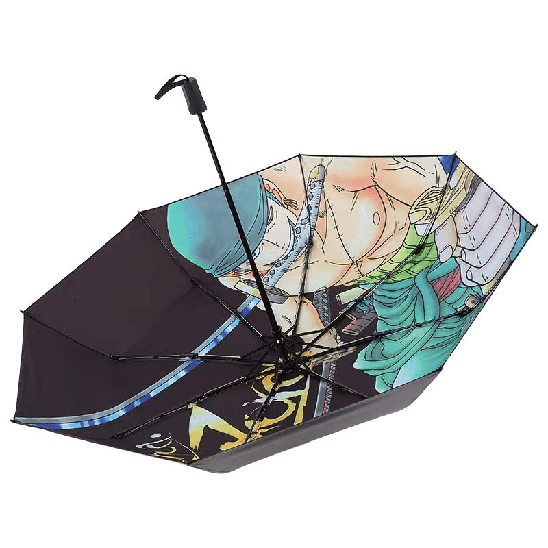 One Piece Anime Folding Umbrella, Luffy Zoro Ace Straw Hat Crew Printed Compact Rain Sun Umbrella, Portable Auto Open Close Parasol, Anime Merch Gift for One Piece Fans