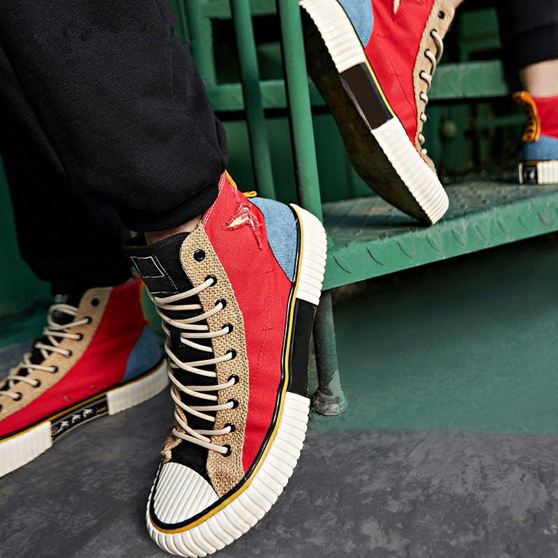 One Piece Luffy High Top Canvas Sneakers, Anime Color Block Casual Skate Shoes for Men Women, Straw Hat Luffy Printed Insole Fashion Platform High Tops, Anime Cosplay Daily Streetwear Shoes