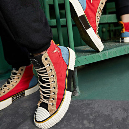 One Piece Luffy High Top Canvas Sneakers, Anime Color Block Casual Skate Shoes for Men Women, Straw Hat Luffy Printed Insole Fashion Platform High Tops, Anime Cosplay Daily Streetwear Shoes