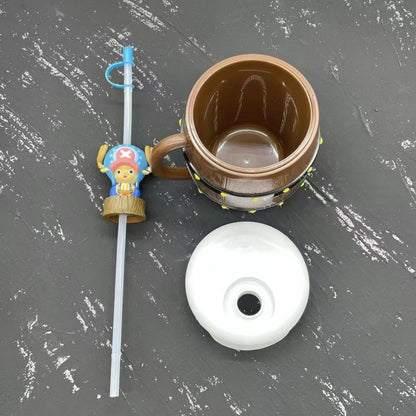 One Piece Barrel Shaped Straw Cup with 3D Character Figure Topper, Anime Pirate Barrel Water Mug, Reusable Plastic Drink Bottle with Straw, Collectible Gift for One Piece Anime Fans