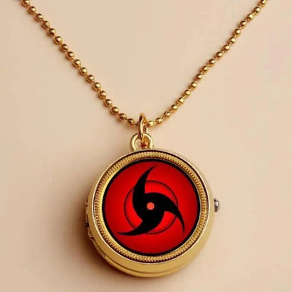 Naruto Sharingan Rotatable Pocket Watch Necklace, Anime Uchiha Clan Rotating Pendant Pocket Watch, Vintage Cosplay Jewelry Accessory, Collectible Gift for Naruto Anime Fans