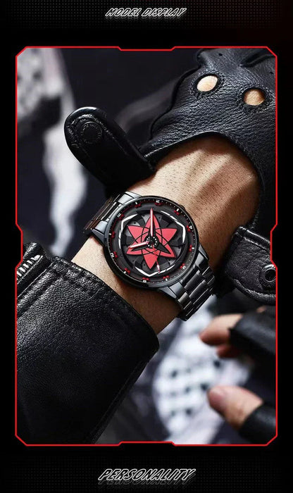 Naruto Sharingan Anime Watch for Men, Uchiha Sasuke Madara Rotating Sharingan Dial Wrist Watch, Stainless Steel Band Quartz Watch, Anime Cosplay Accessory, Collectible Gift for Naruto Fans