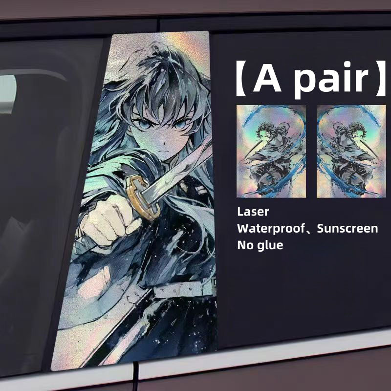 Demon Slayer Anime Car Window Pillar Decals, Laser Holographic Anime Character Car B Column Stickers, Waterproof PET Car Center Pillar Decor Stickers, 1 Pair Anime Car Accessories for Demon Slayer Fans