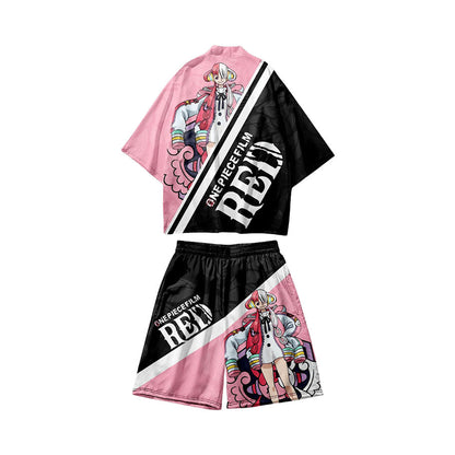 One Piece Film RED Anime Haori and Shorts Set, Japanese Kimono Cardigan with Shorts, 3D Full Print Cosplay Outfit, Loose Casual Anime Costume for Men Women, Anime Merch