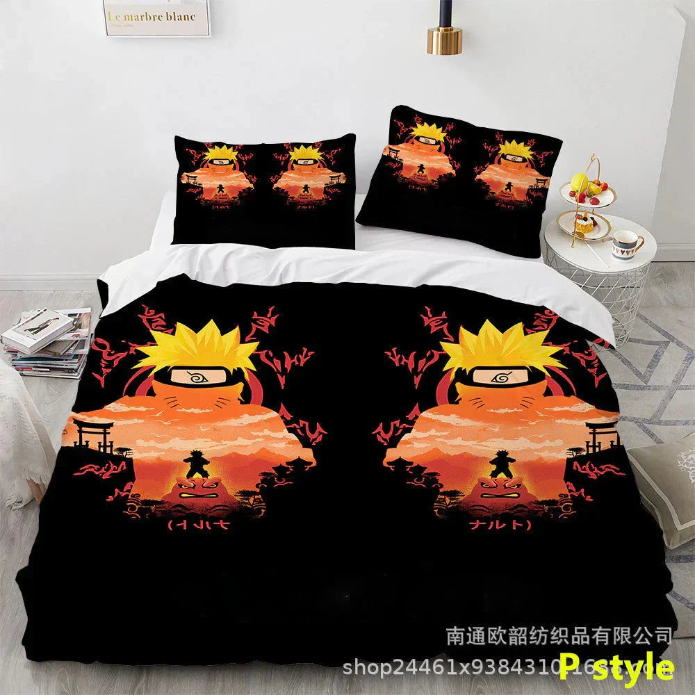 Naruto Anime Bedding Set, 3D Print Duvet Cover with Pillowcases, Akatsuki Red Cloud Comforter Cover Set, Soft Microfiber Bed Sheets, Bedroom Decor Gift for Naruto Fans