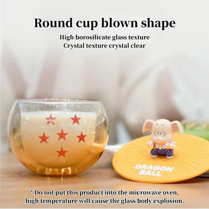 Dragon Ball Z Anime Glass Cup with Figure Lid, DBZ Dragon Star Pattern Double Wall Glass Mug, Cute Mini Character Figurine Cover Tea Coffee Cup, Dragon Ball Collectible Drinkware Gift for Anime Fans