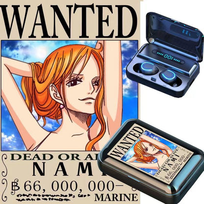 One Piece Wanted Poster Wireless Earbuds, Anime Luffy Zoro Nami Chopper Sanji TWS Bluetooth Earphones, Touch Control Stereo Headphones with Wanted Bounty Poster Charging Case for Anime Fans